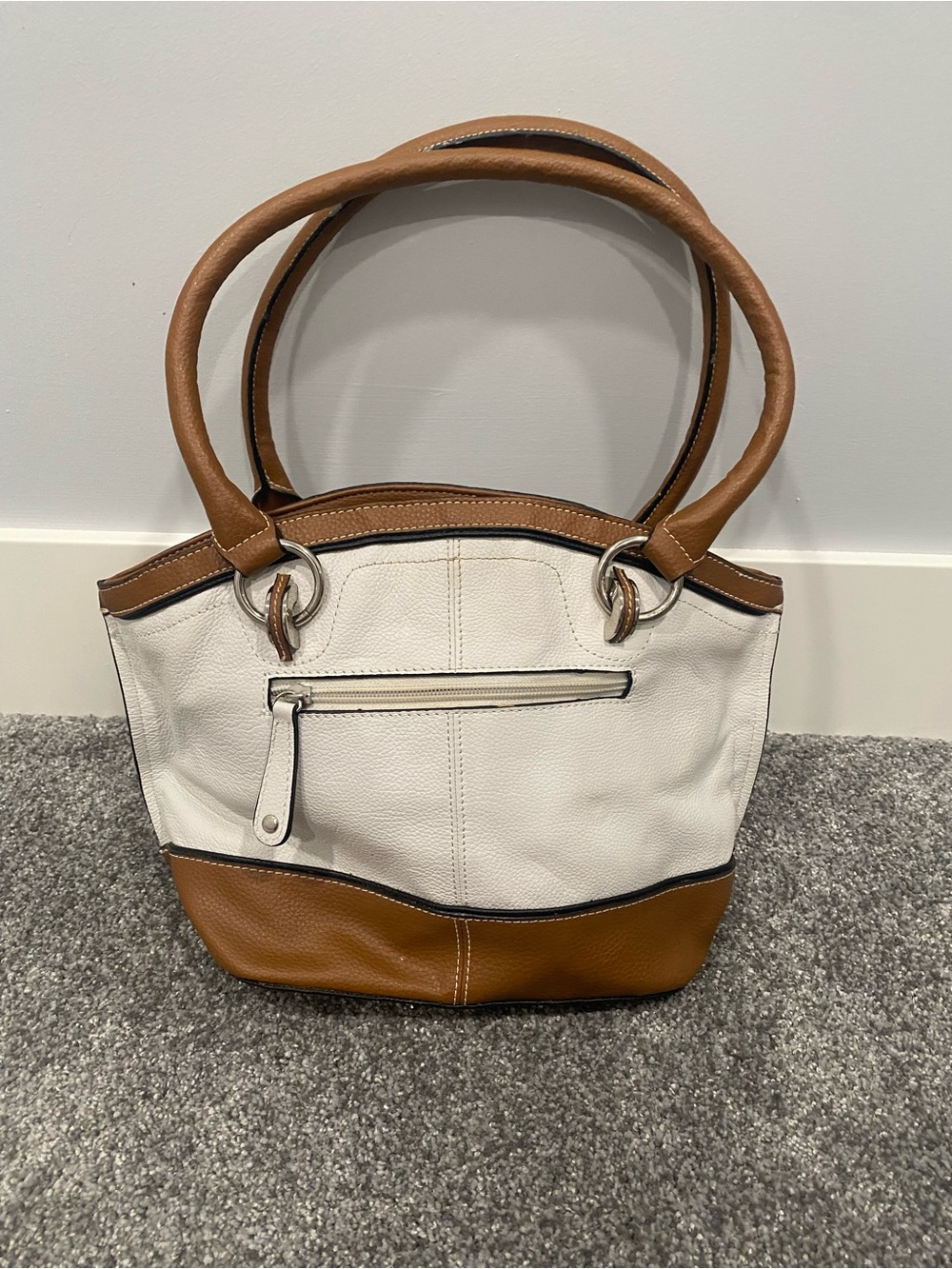 Tignanello White And Brown Leather Satchel Handbag Purse